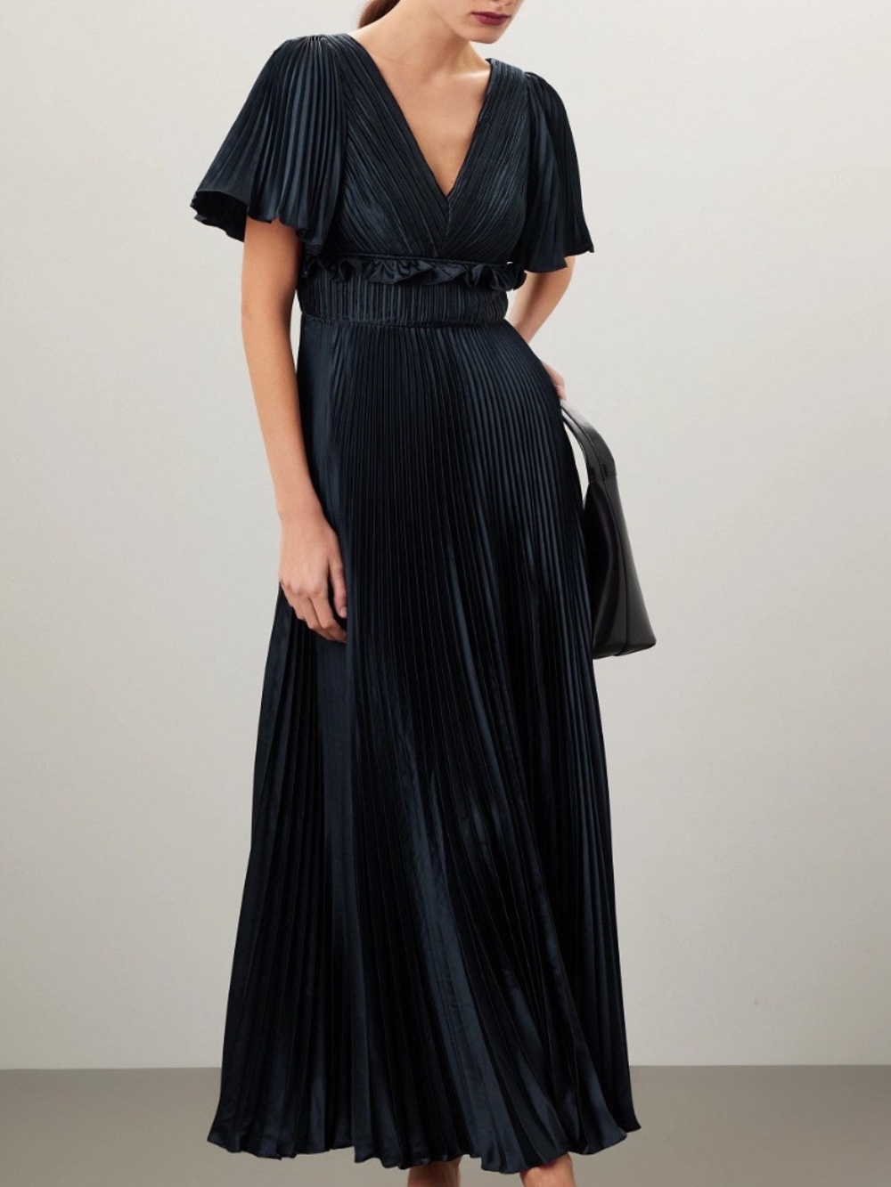 AMUR Suze Navy Blue Midnight Pleated Gown Maxi Dress Flutter Sleeve - Size 4